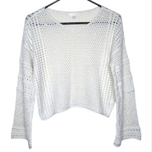 LC Lauren Conrad White Open-Knit Sparkly Bell Sleeve Sweater Top Size Small